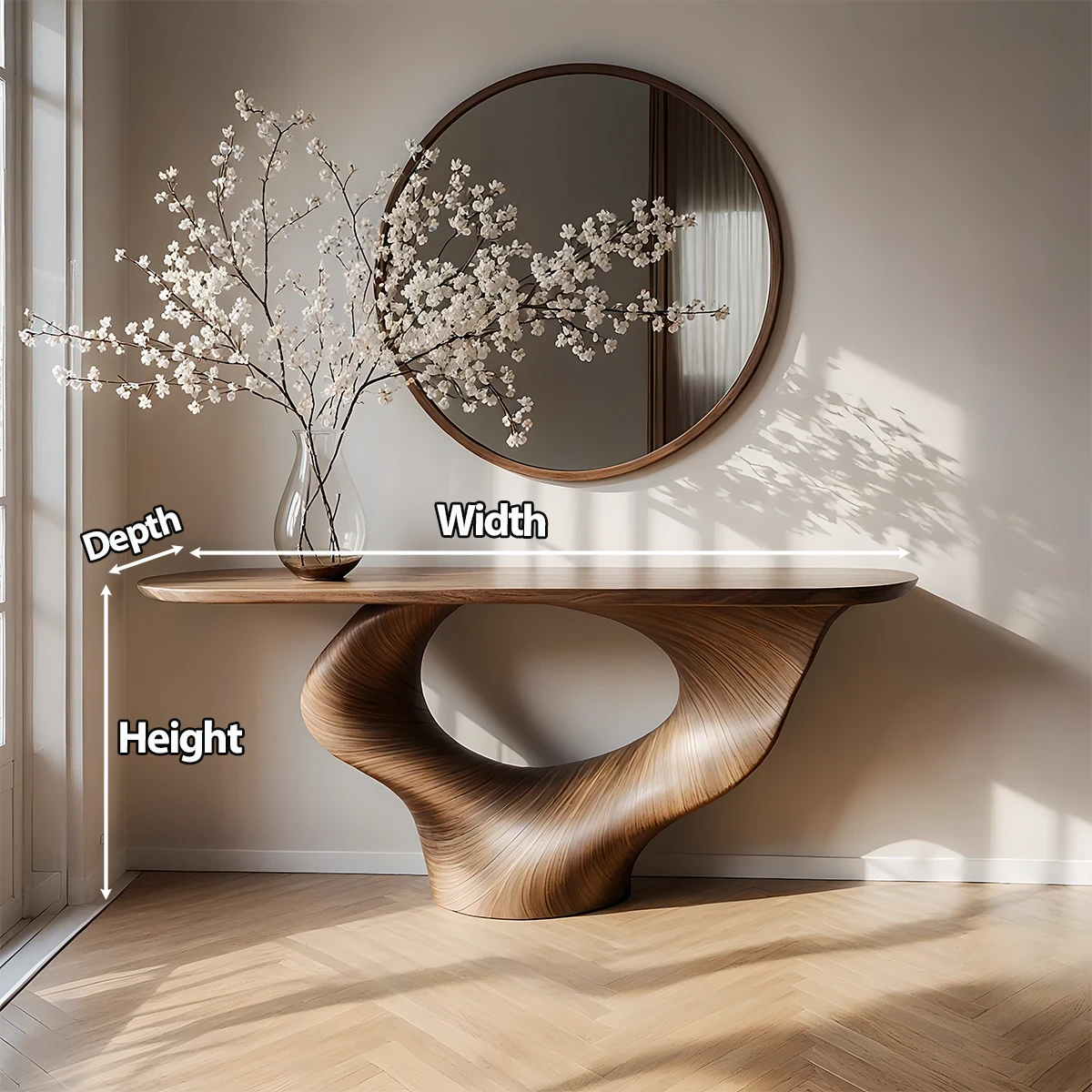 Natural Solid Wood Curved Sculptural Console – Japandi Modern Elegance