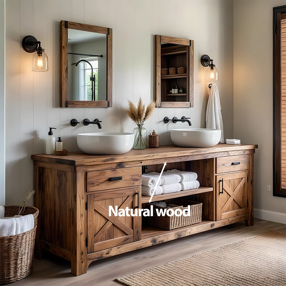 Natural Solid Wood Bathroom Vanity – Rustic Farmhouse Style