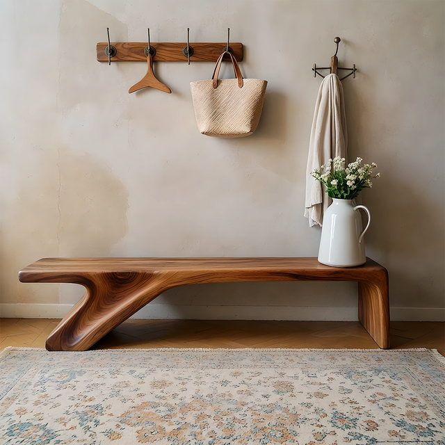 Asymmetric Sculpted Solid Wood Bench – Minimal Flowing Form - Rustirawood 