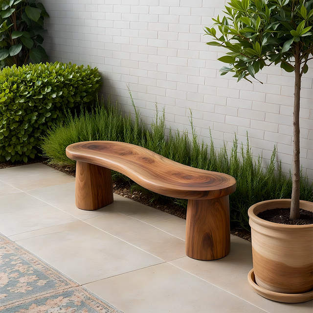 Curved Sculptural Solid Wood Bench – Soft Flow Form - Rustirawood 