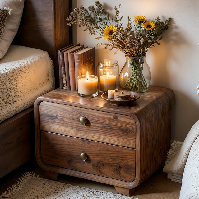 Curved Solid Wood Nightstand with Two Drawers - Rustirawood 