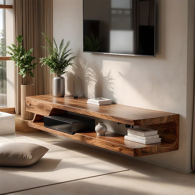 Floating Solid Wood TV Stand – Minimal Organic Modern Wall-Mounted Console - Rustirawood 