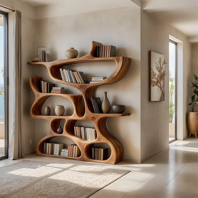 Flow Solid Wood Bookshelf – Sculpted Form Edition - Rustirawood 