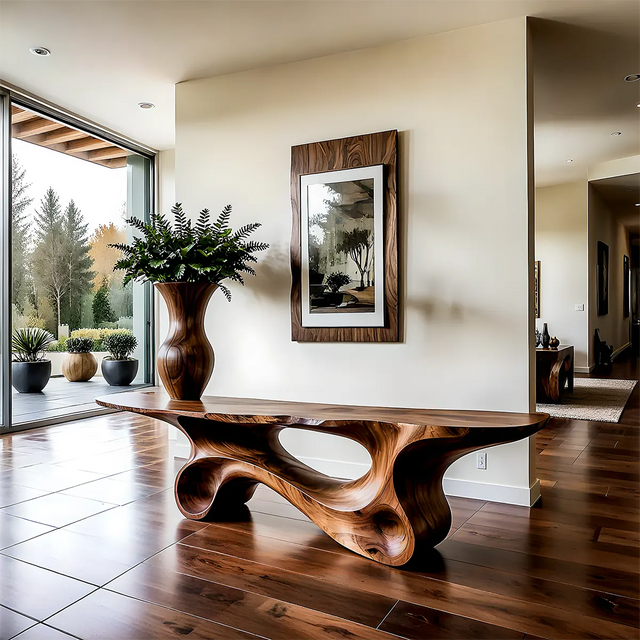 Fluid Twist Walnut Console Table – Modern Sculptural Wood - Rustirawood 