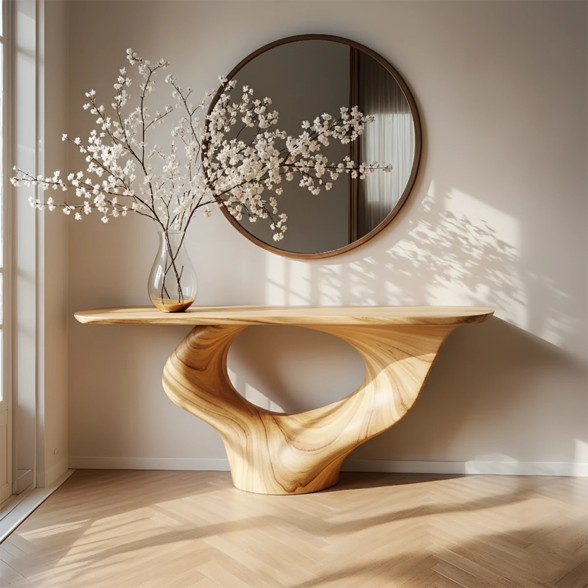 Natural Solid Wood Curved Sculptural Console – Japandi Modern Elegance