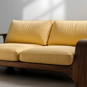 Handcrafted Natural Solid Wood Sofa – Rustic Curved Frame – Cotton Cushion Seating