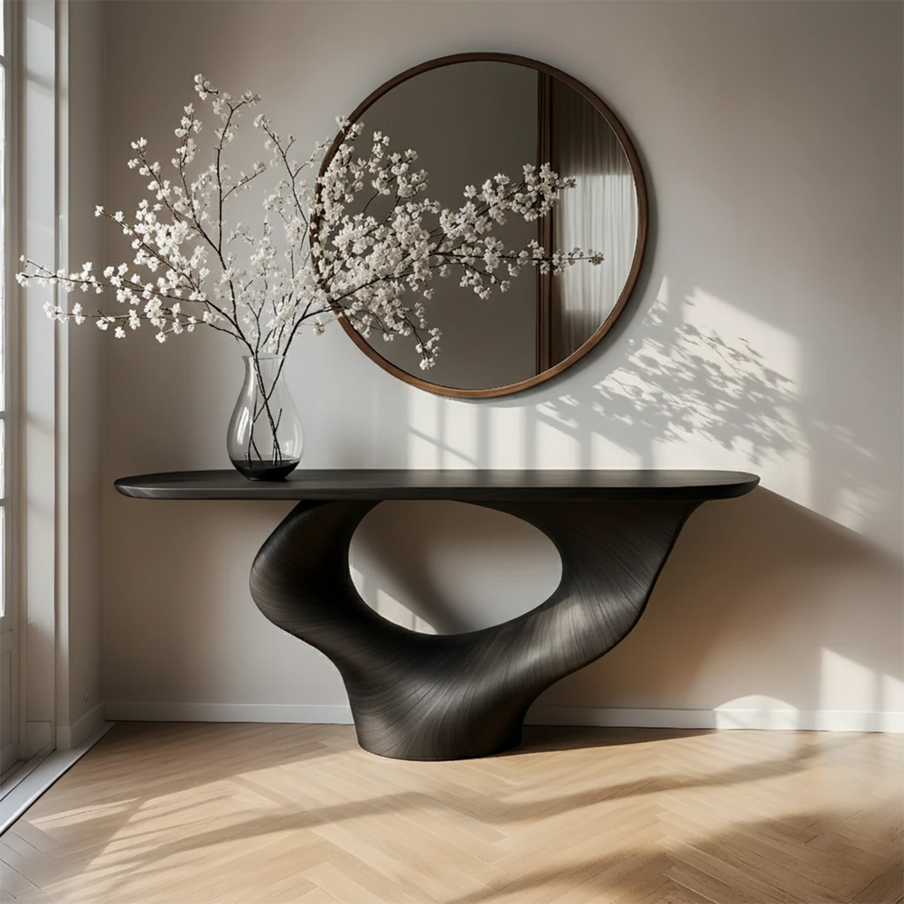 Natural Solid Wood Curved Sculptural Console – Japandi Modern Elegance