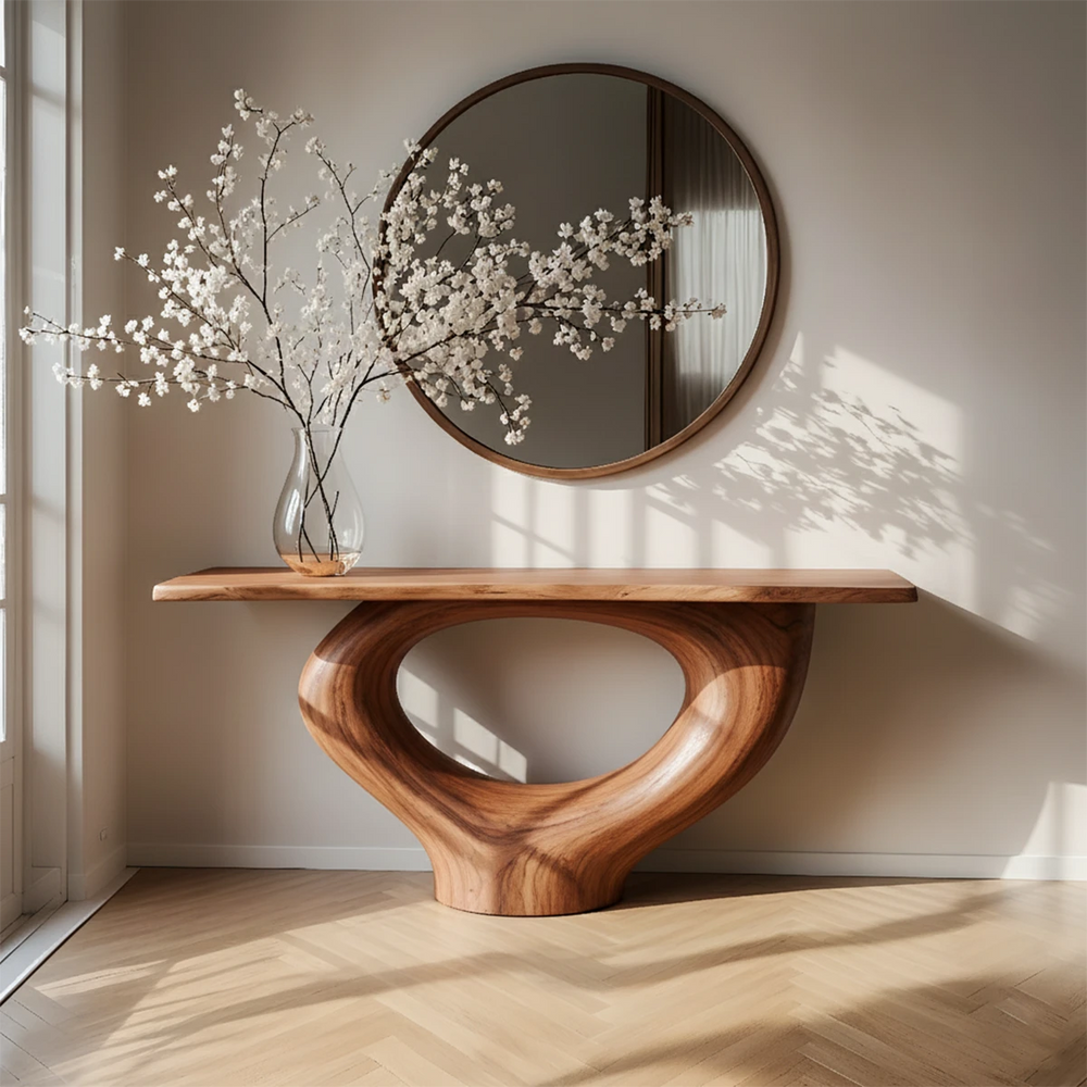 Natural Solid Wood Curved Sculptural Console – Japandi Modern Elegance