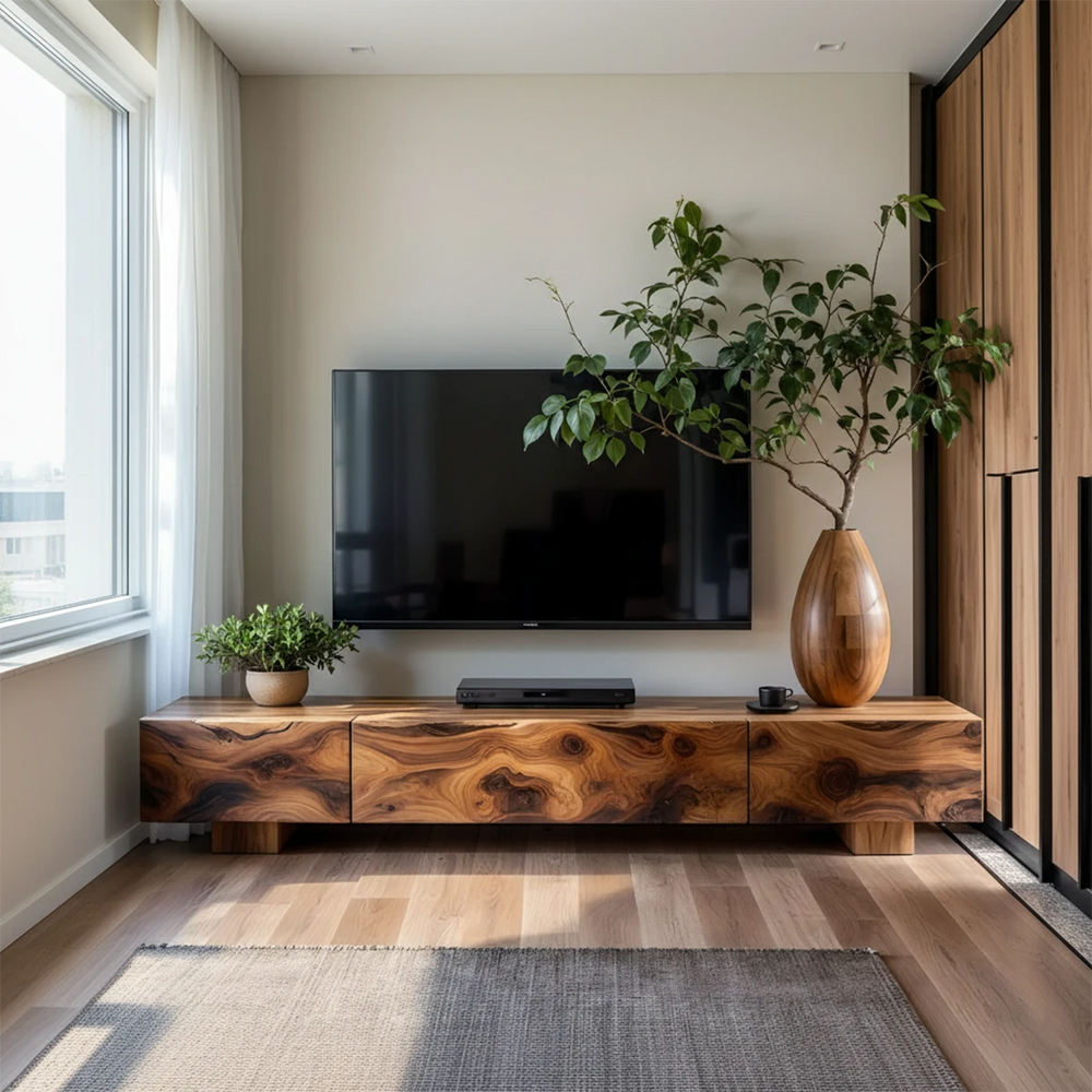 Solid Wood TV Stand – Natural Finish Wabi Sabi Media Console with Deep Grain Texture