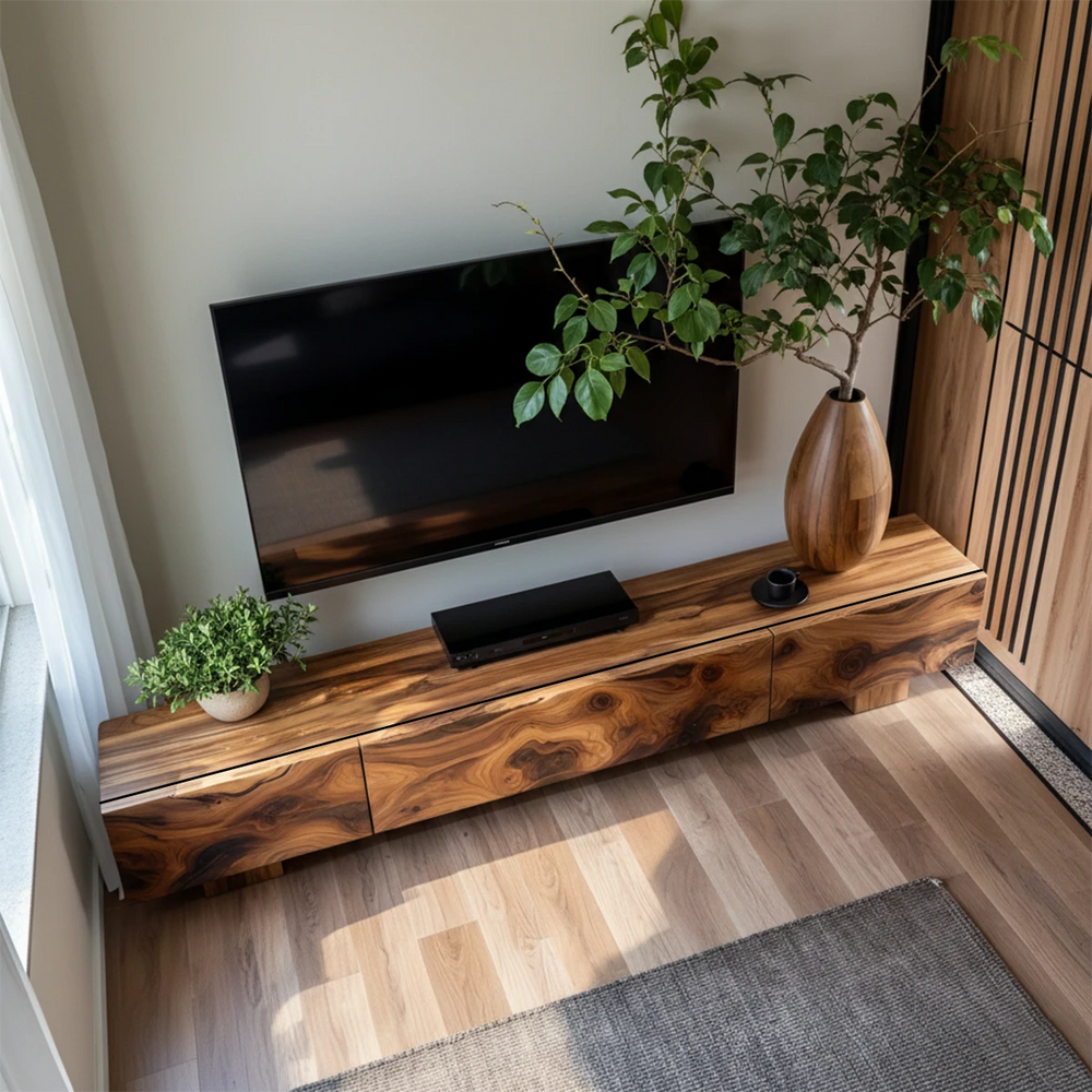 Solid Wood TV Stand – Natural Finish Wabi Sabi Media Console with Deep Grain Texture