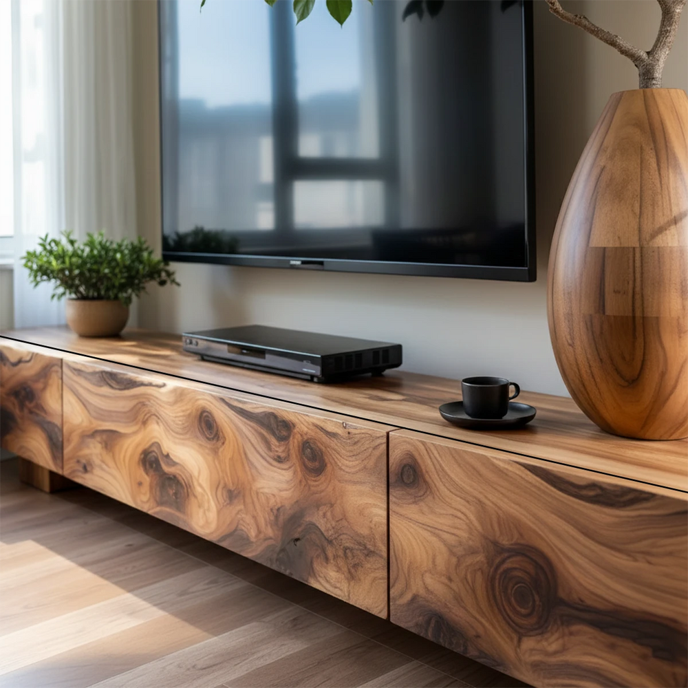 Solid Wood TV Stand – Natural Finish Wabi Sabi Media Console with Deep Grain Texture