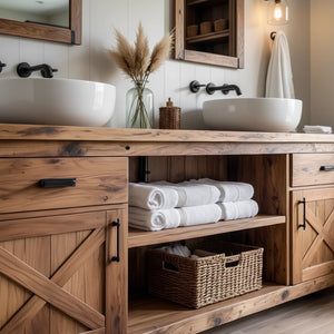 Natural Solid Wood Bathroom Vanity – Rustic Farmhouse Style