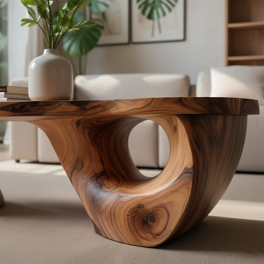 Sculptural Natural Solid Wood Coffee Table — Organic Curve Design