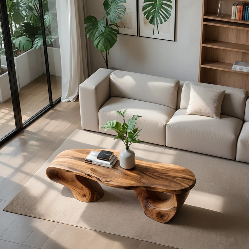 Sculptural Natural Solid Wood Coffee Table — Organic Curve Design