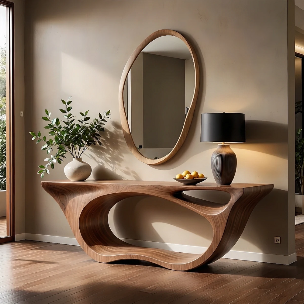 Sculptural Walnut Console Table – Double Loop Wood Design
