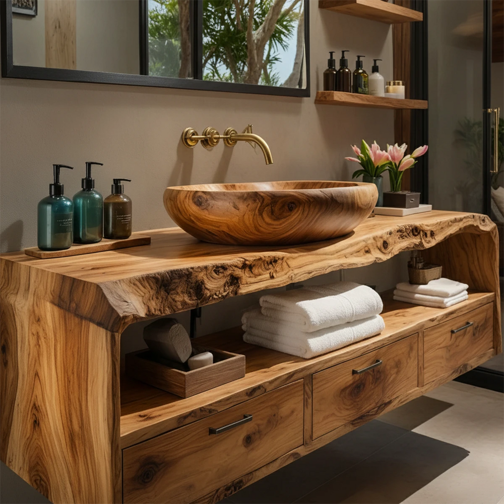 Live Edge Natural Solid Wood Floating Bathroom Vanity