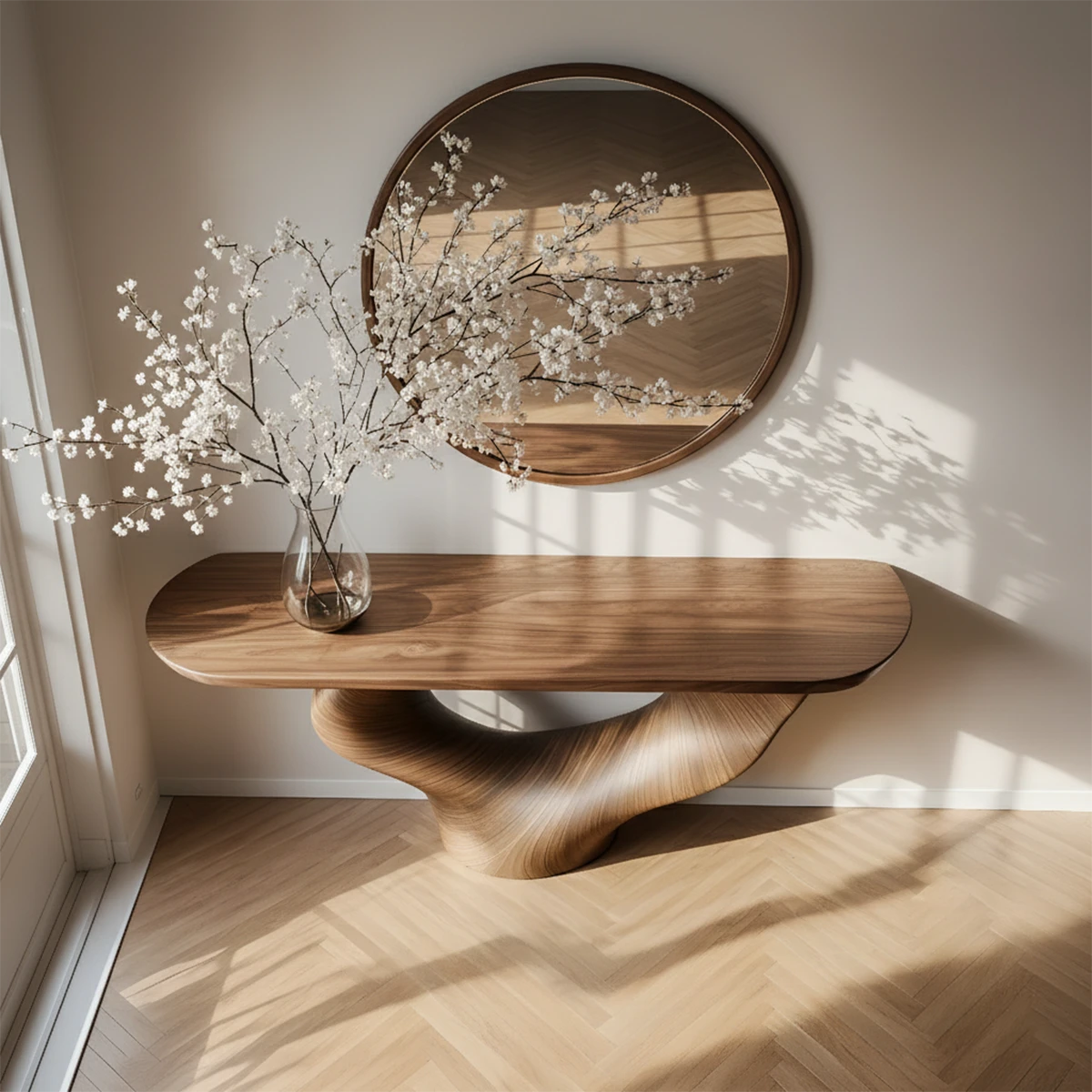 Natural Solid Wood Curved Sculptural Console – Japandi Modern Elegance