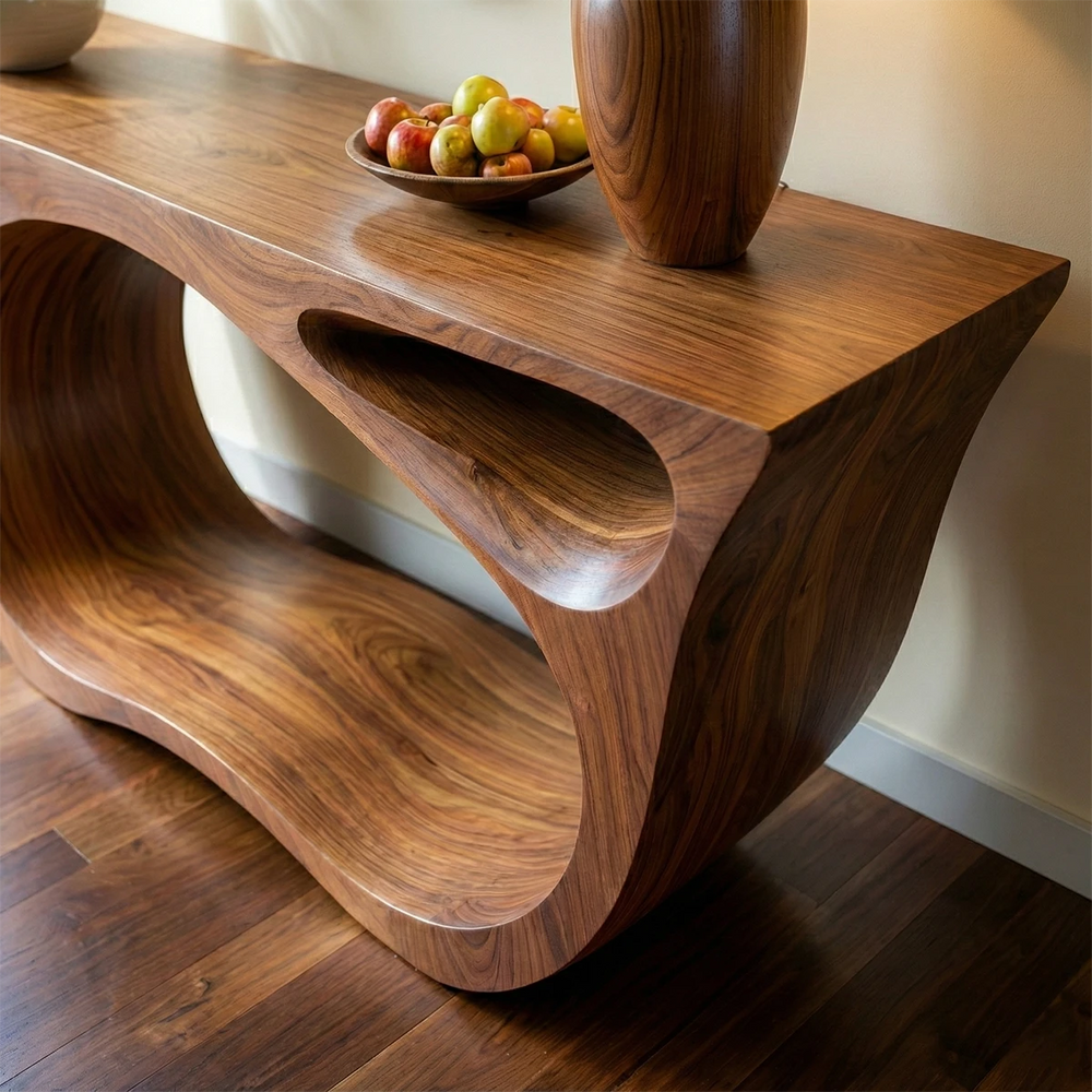 Natural Solid Wood Sculptural Console Table in Modern Organic-Flow Design