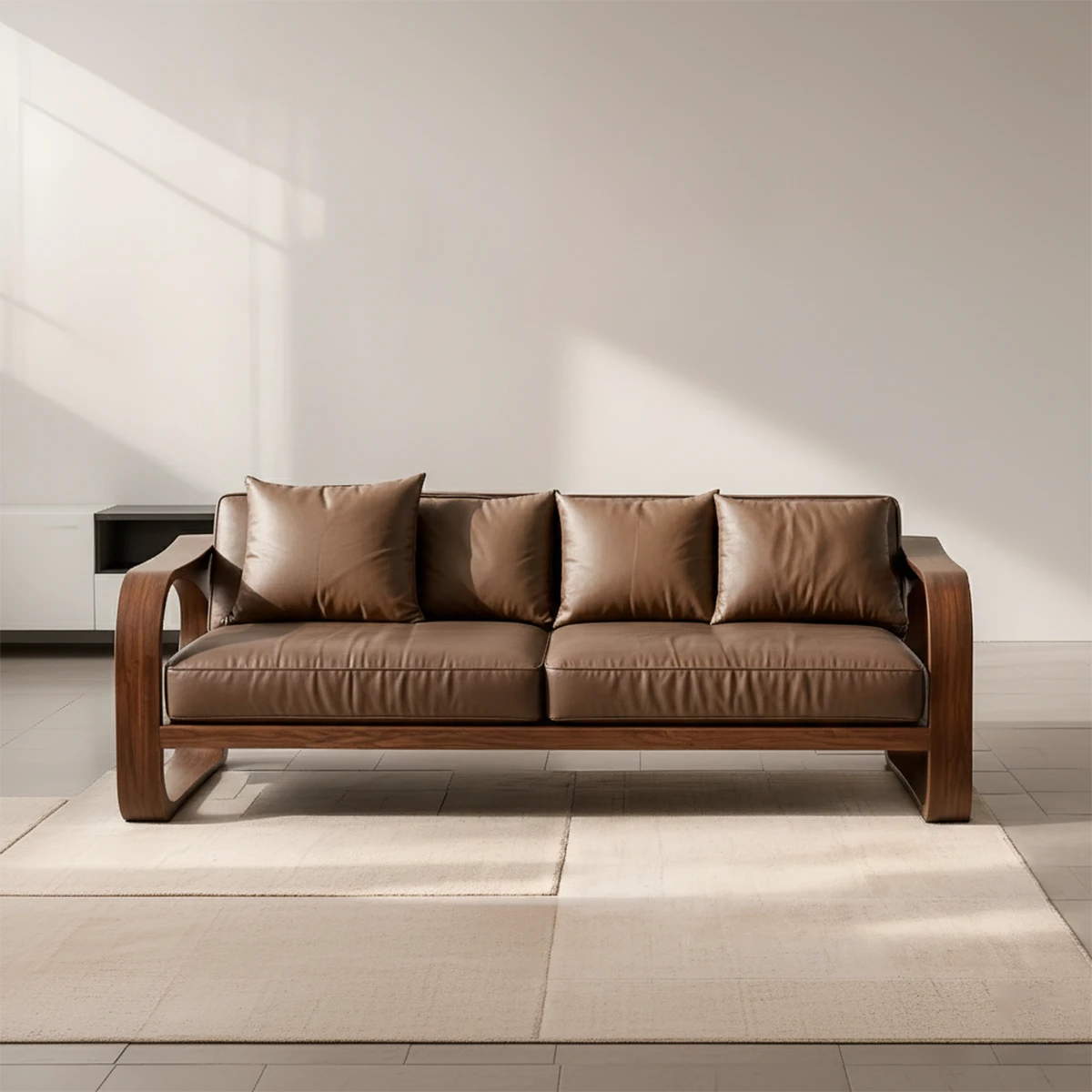 Solid Wood Sofa – Modern Leather Elegance