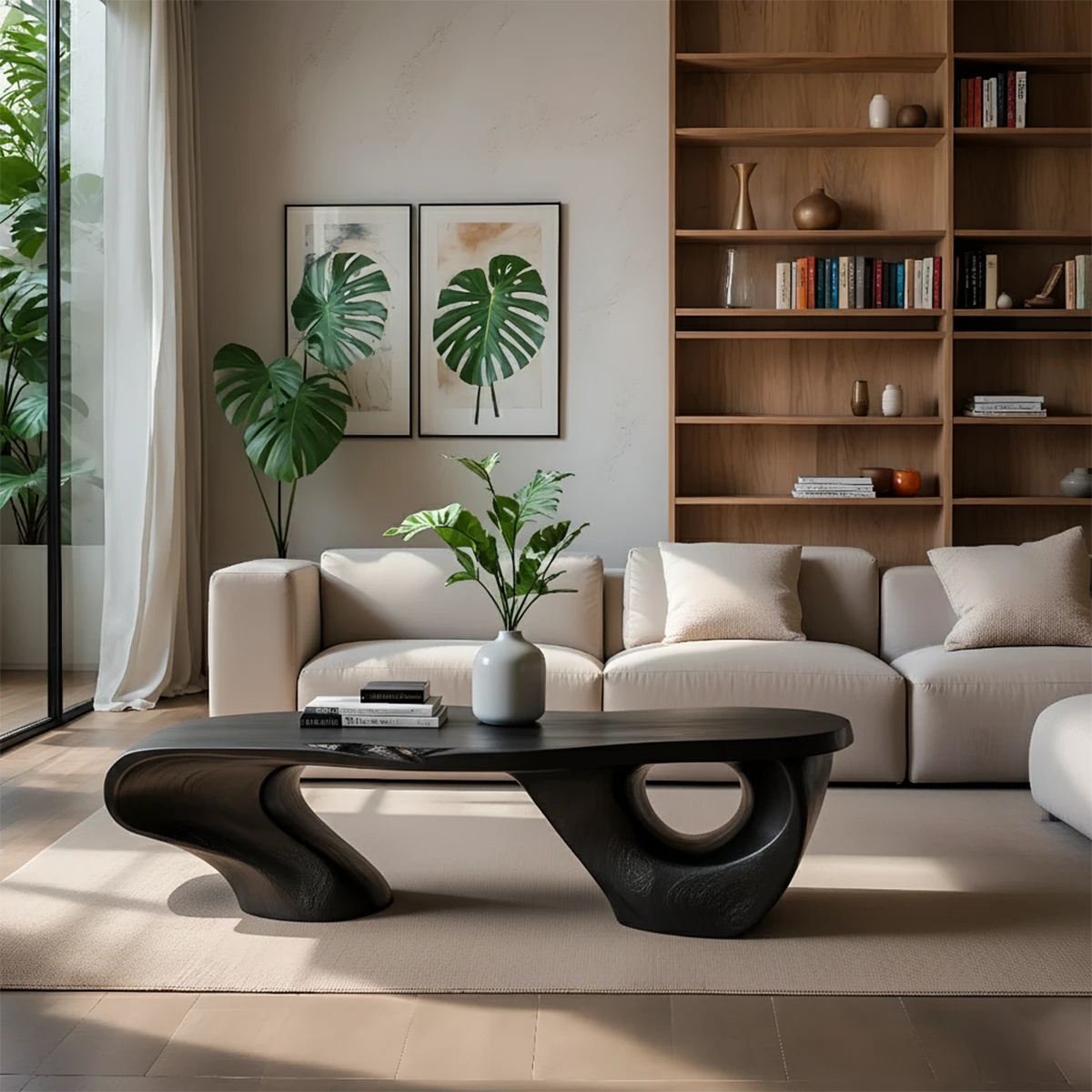 Sculptural Natural Solid Wood Coffee Table — Organic Curve Design