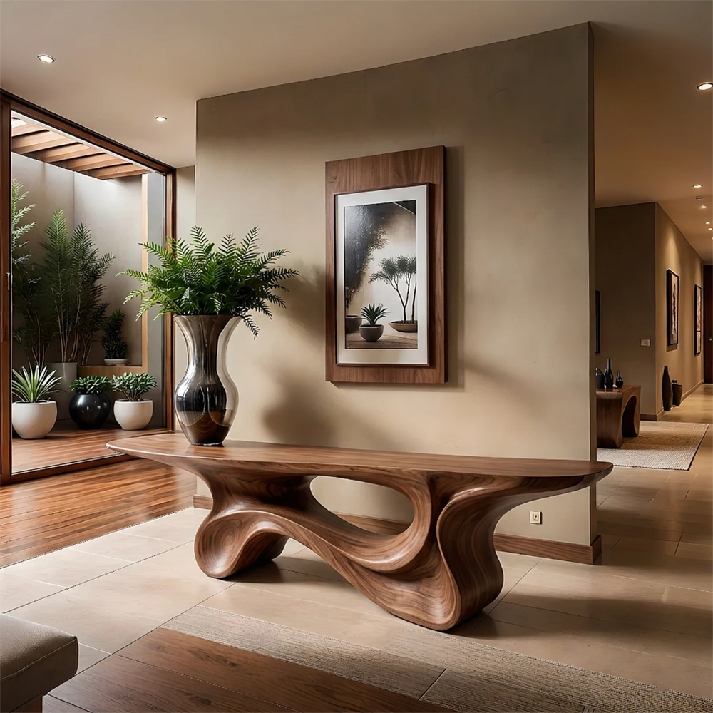 Fluid Twist Walnut Console Table – Modern Sculptural Wood