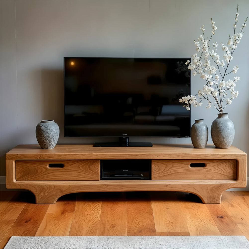 Natural Solid Wood TV Stand – Sculptural Minimalist Media Console