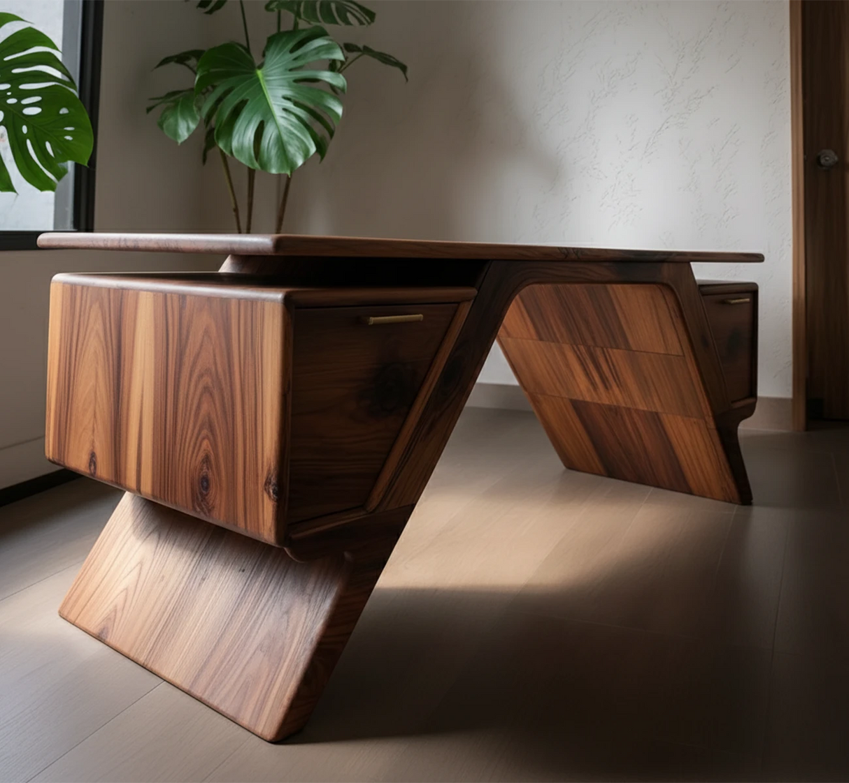 Handcrafted Natural Solid Wood Desk — Modern Angular Design
