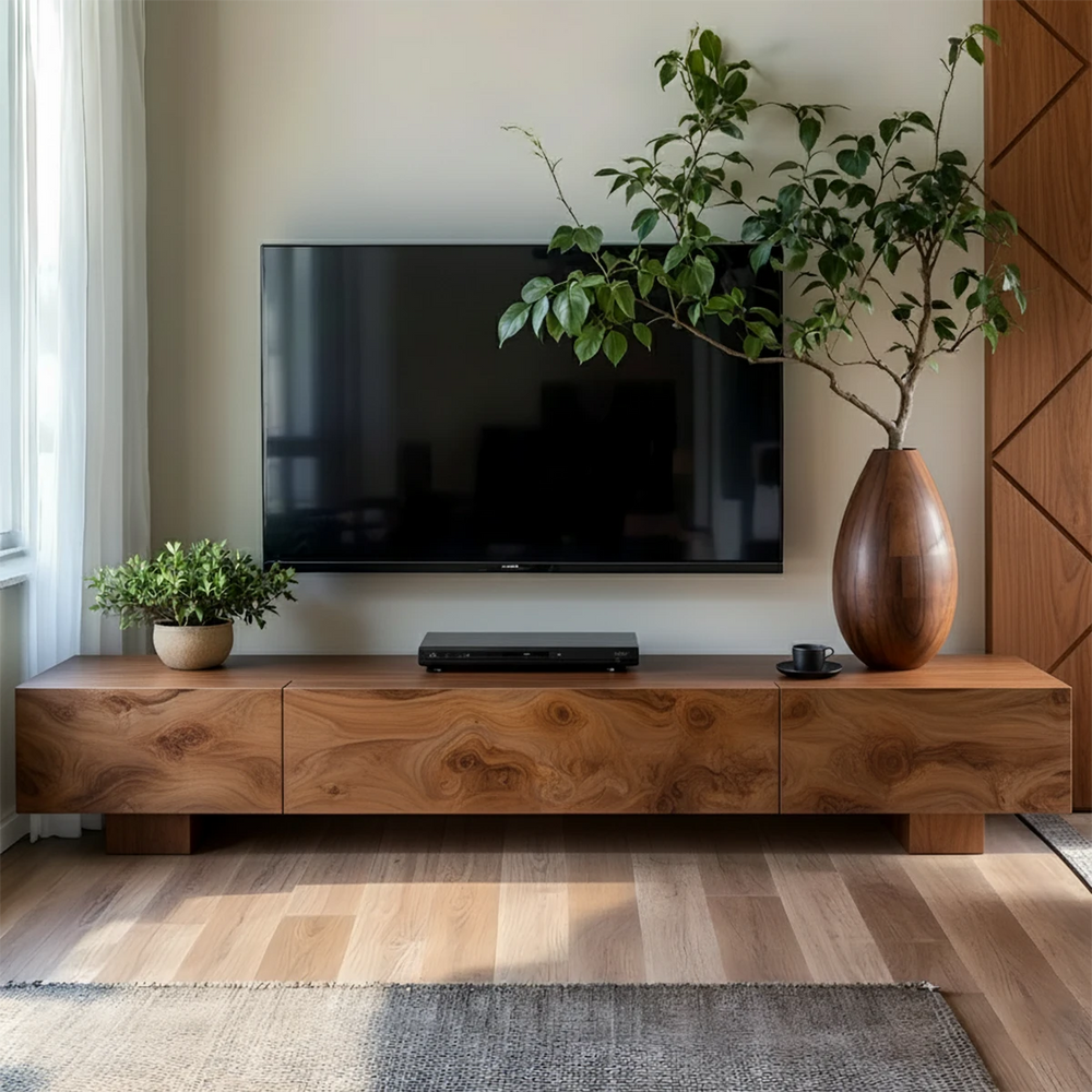 Solid Wood TV Stand – Natural Finish Wabi Sabi Media Console with Deep Grain Texture