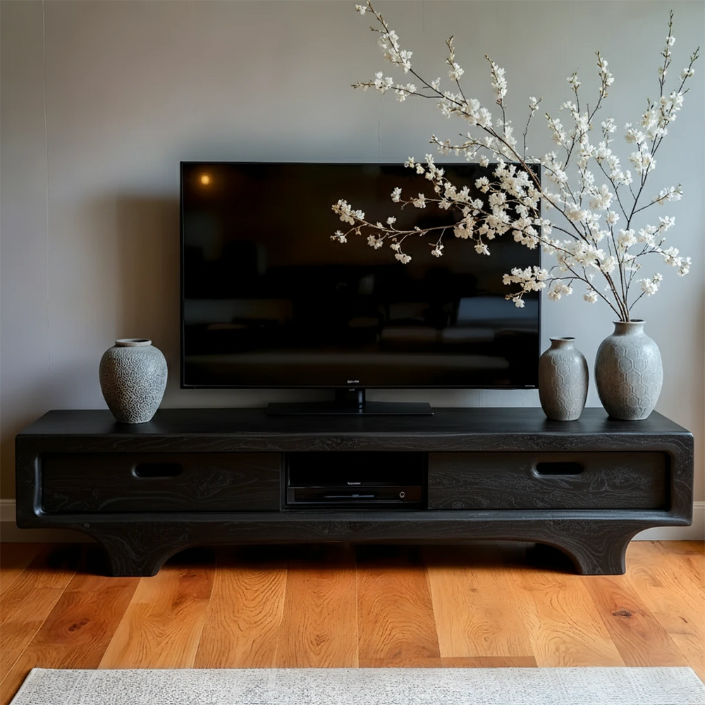 Natural Solid Wood TV Stand – Sculptural Minimalist Media Console