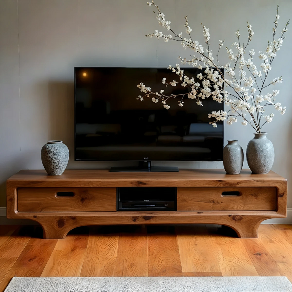 Natural Solid Wood TV Stand – Sculptural Minimalist Media Console