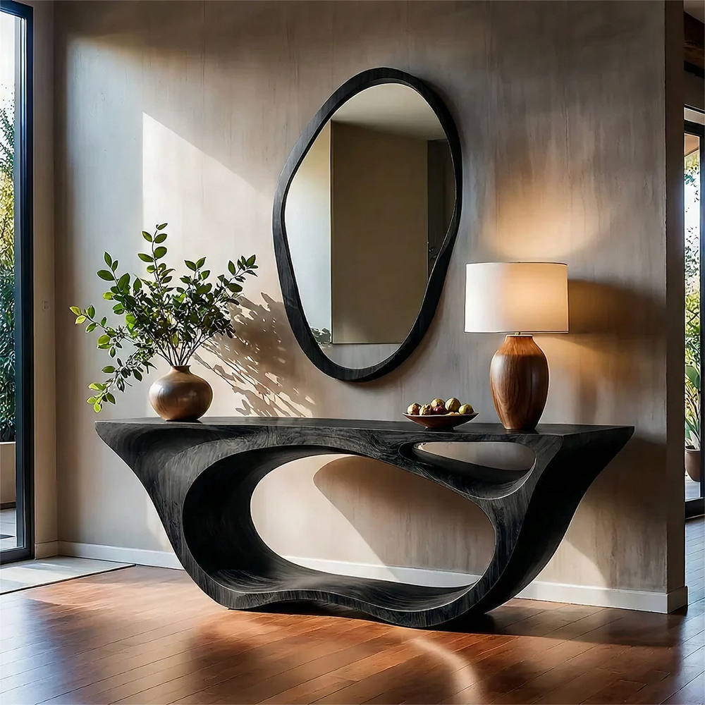 Sculptural Walnut Console Table – Double Loop Wood Design