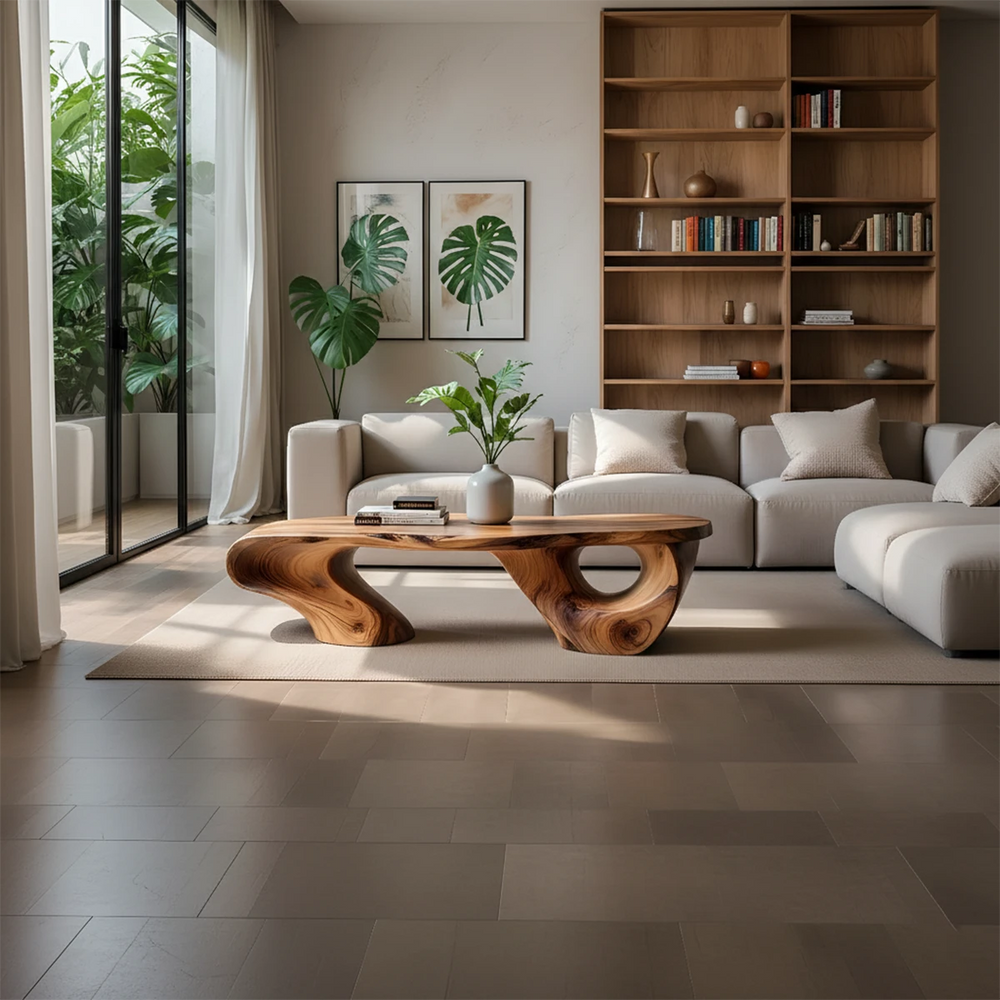 Sculptural Natural Solid Wood Coffee Table — Organic Curve Design