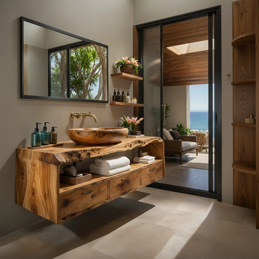 Live Edge Natural Solid Wood Floating Bathroom Vanity