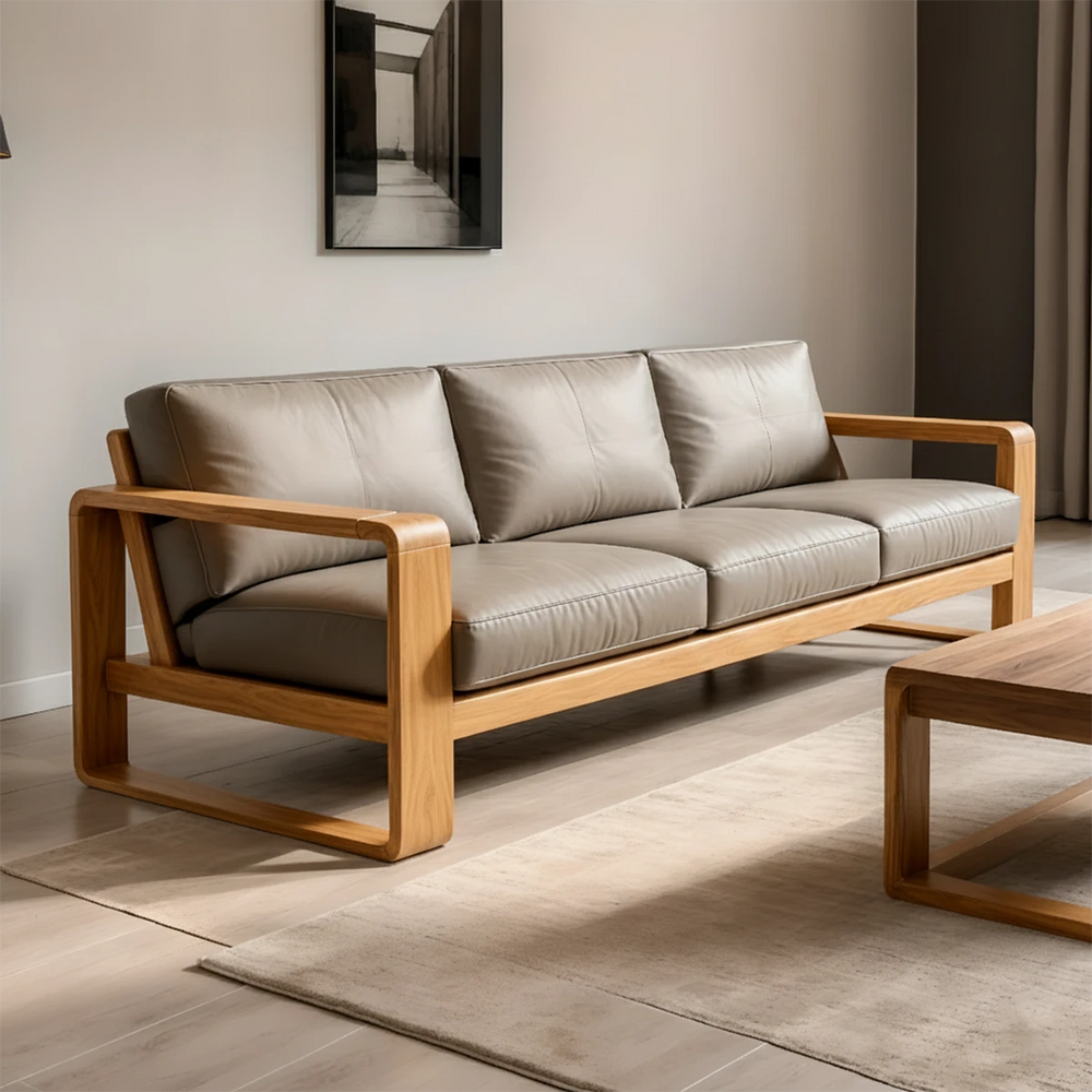 Premium Leather Sofa – Solid Wood Frame, Modern Contemporary Style