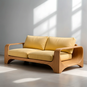 Handcrafted Natural Solid Wood Sofa – Rustic Curved Frame – Cotton Cushion Seating
