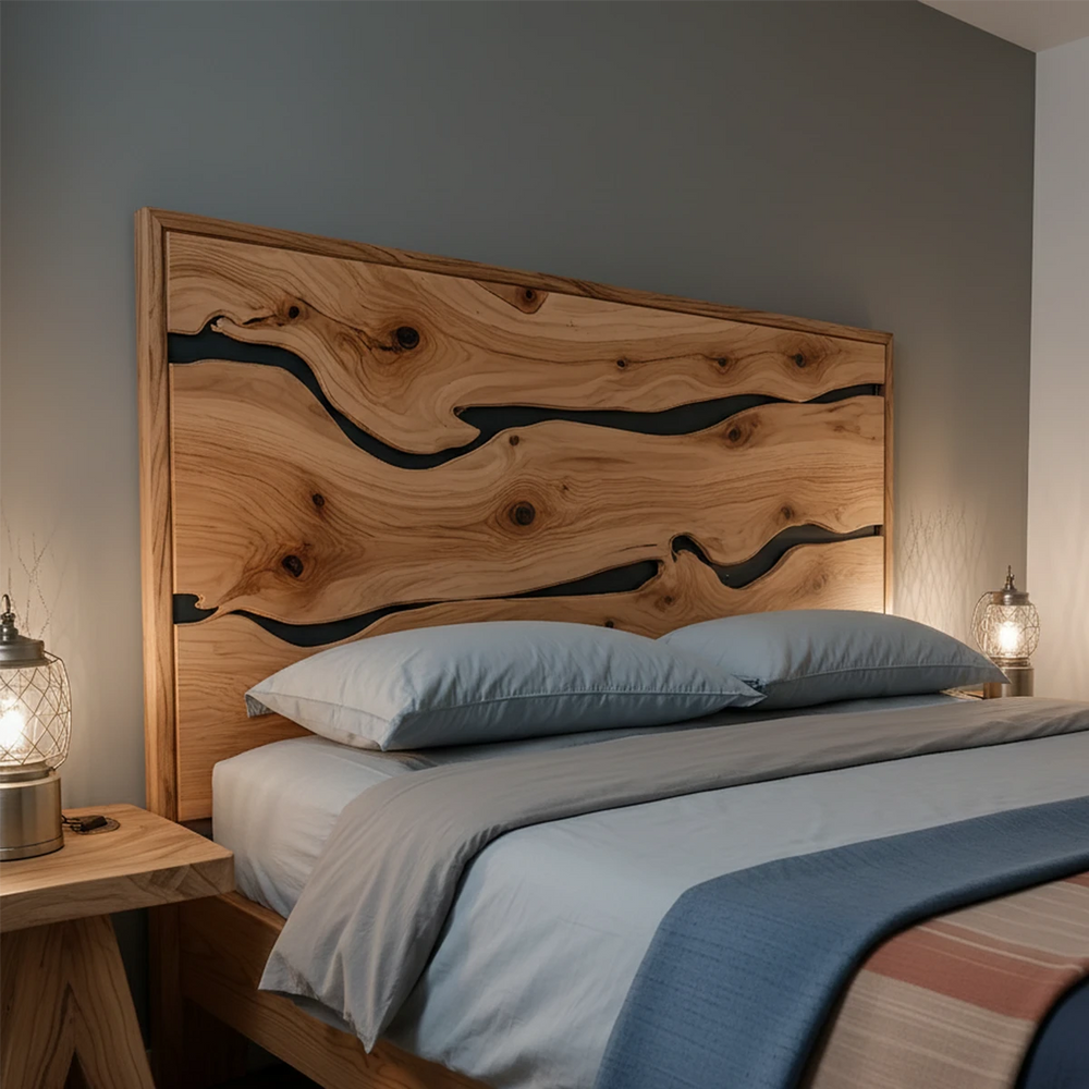 Natural Solid Wood Headboard — Handcrafted Live-Edge Wave Design