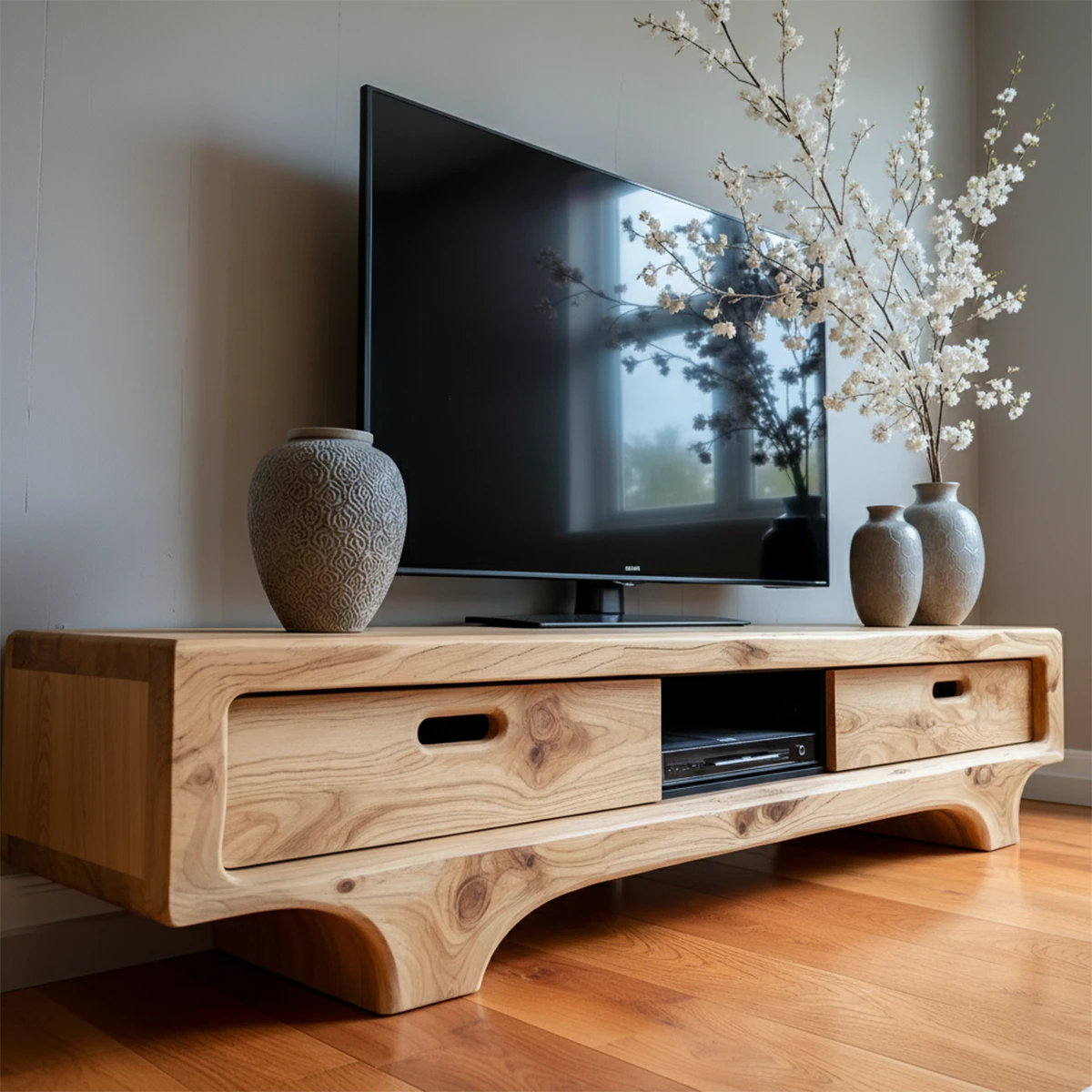 Natural Solid Wood TV Stand – Sculptural Minimalist Media Console