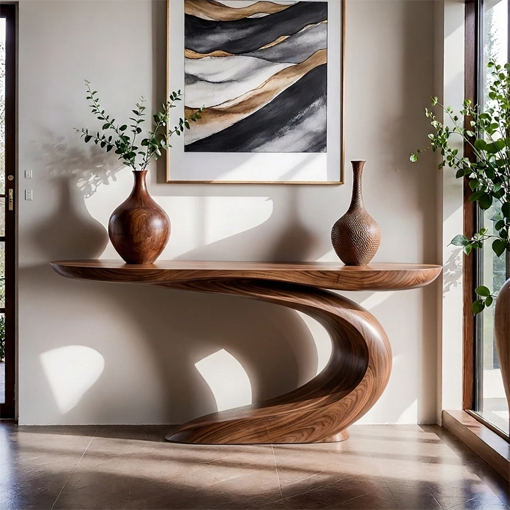 Solid Walnut Wave Console Table – Modern Sculptural Design