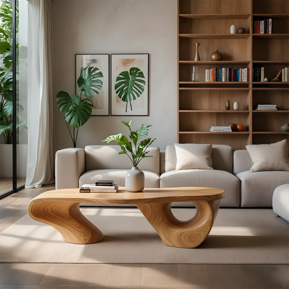 Sculptural Natural Solid Wood Coffee Table — Organic Curve Design