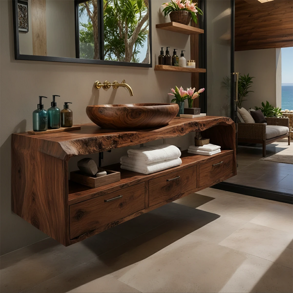 Live Edge Natural Solid Wood Floating Bathroom Vanity