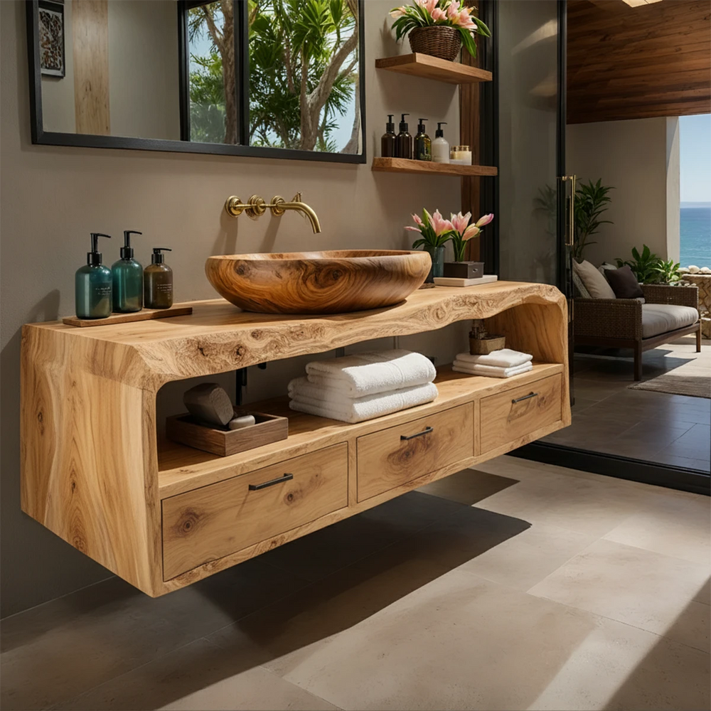 Live Edge Natural Solid Wood Floating Bathroom Vanity