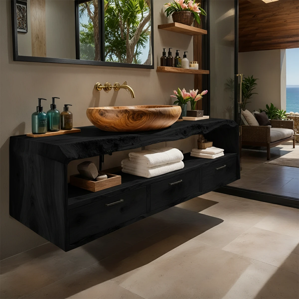 Live Edge Natural Solid Wood Floating Bathroom Vanity