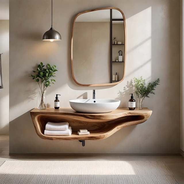 Handcrafted Live Edge Floating Bathroom Vanity With Shelf - Rustirawood 