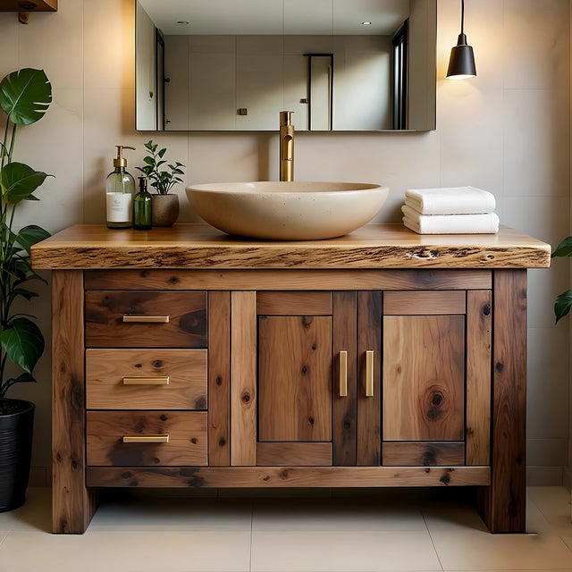Handcrafted Natural Solid Wood Bathroom Vanity with Drawers & Cabinet - Rustirawood 