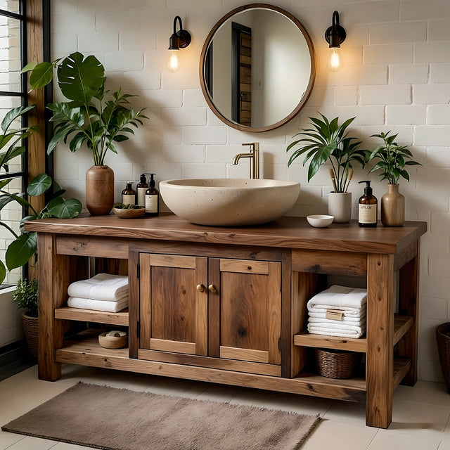 Handcrafted Natural Solid Wood Double-Shelf Bathroom Vanity - Rustirawood 