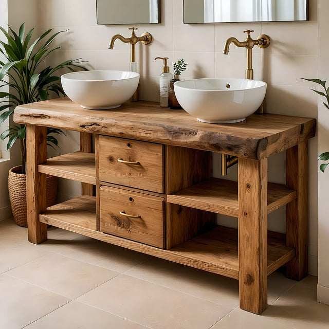 Handcrafted Natural Solid Wood Double-Sink Bathroom Vanity - Rustirawood 