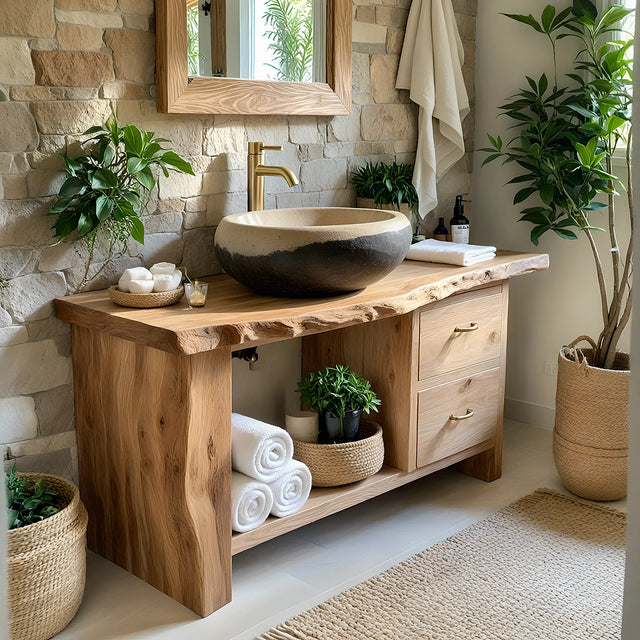 Handcrafted Natural Solid Wood Live-Edge Bathroom Vanity - Rustirawood 