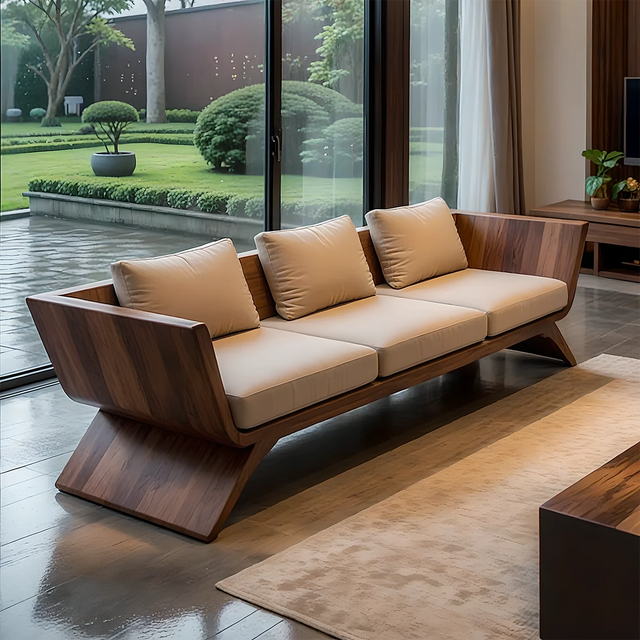 Handcrafted Solid Wood Cotton Sofa – Angular Modern Minimalist Design - Rustirawood 