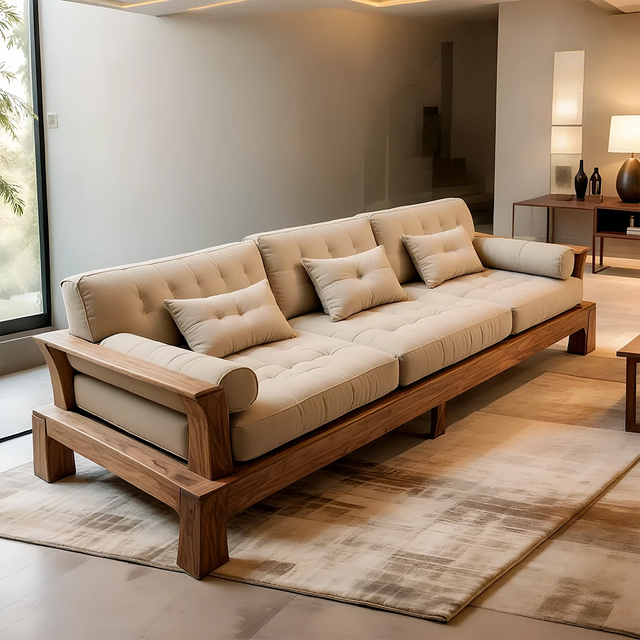 Handcrafted Solid Wood Cotton Sofa – Minimalist Rustic Modern Style - Rustirawood 