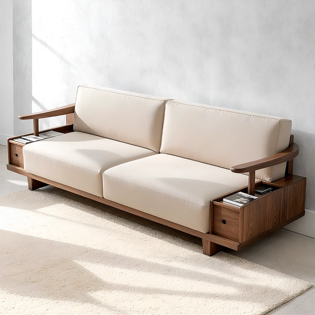 Handcrafted Solid Wood Cotton Sofa – Minimalist Storage-Integrated Design - Rustirawood 